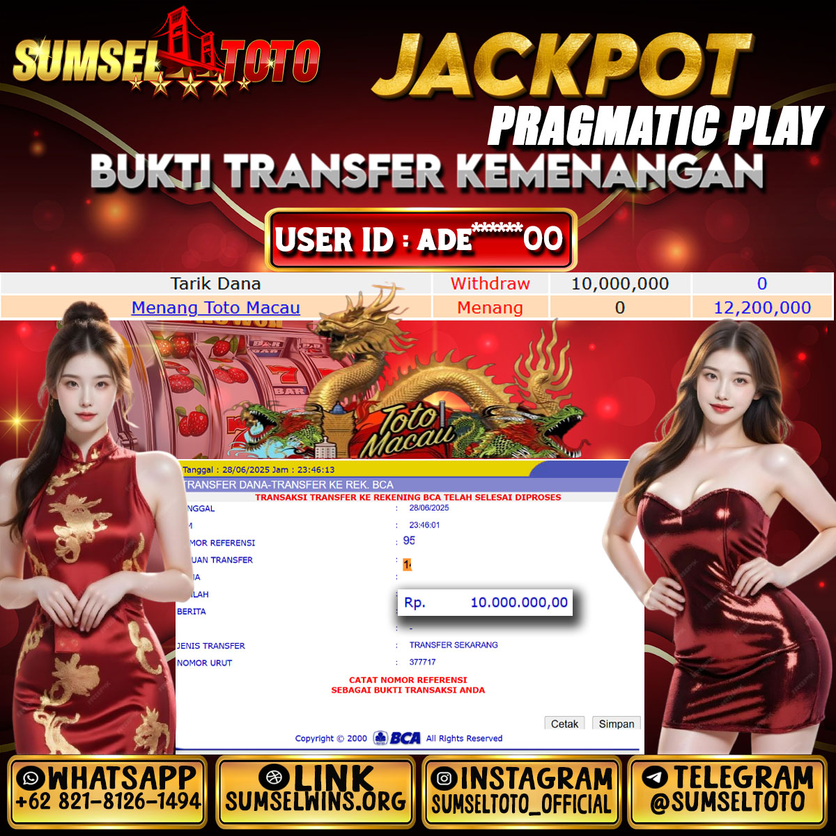 SUMSELTOTO JACKPOT TOTO MACAU Rp.10,000,000.,- LUNAS